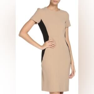 Vintage MaxMara Wool Dress Colorblock Tan Camel Black Short Sleeve Stretchy